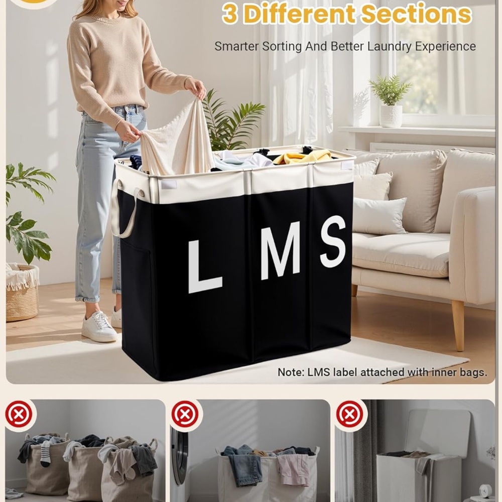 Laundry Hamper with lid and 3 section - Picture 5 of 9